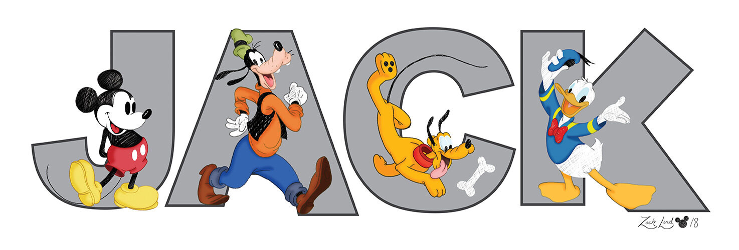 The word JACK illustrated using Mickey Mouse, Goofy, Pluto, and Donald Duck as the letters