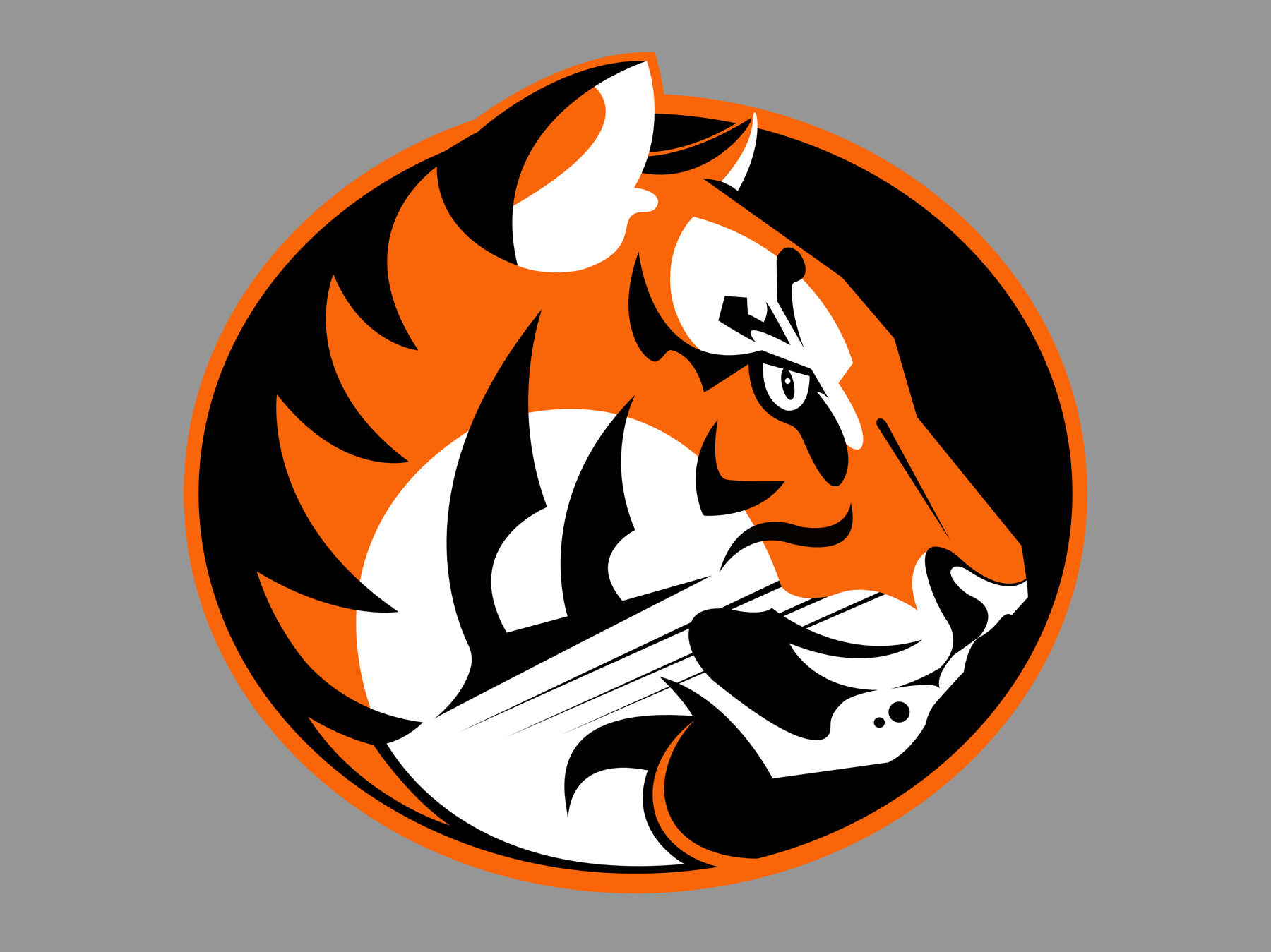 Tiger head mascot logo in orange, black, and white