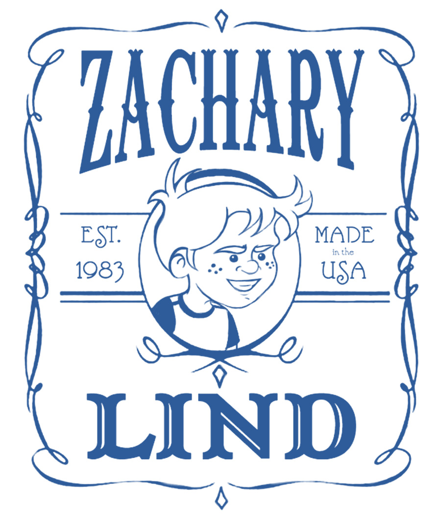 Zachary Lind personal logo — a cartoon self-portrait framed by hand lettering
