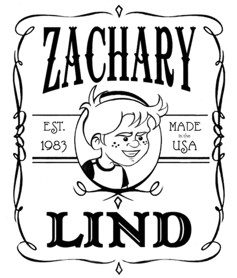 Zachary Lind personal logo — a cartoon self-portrait framed by hand-lettering, est. 1983, made in the USA